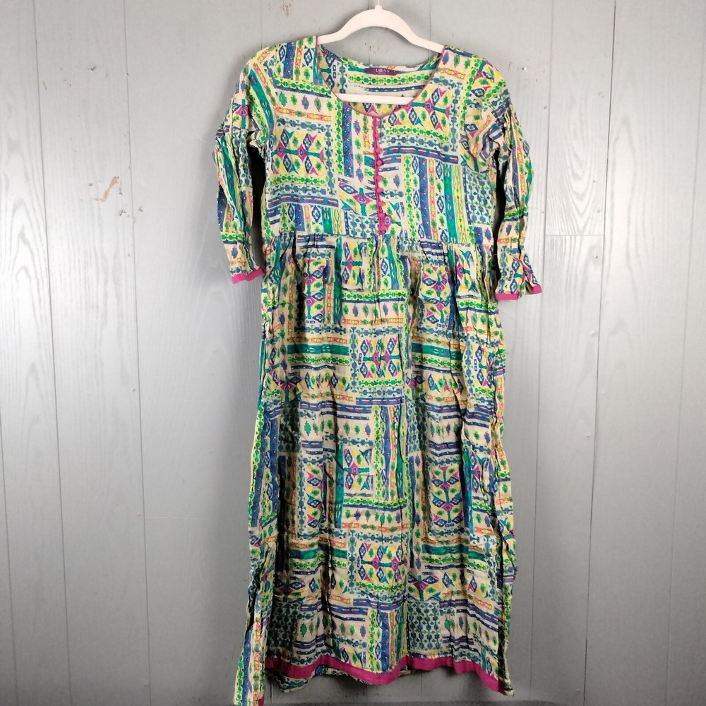 Indian Dress Kurta Womens L‎ (fits US Small) Hippie Kaftan Boho Colorful Ethnic